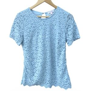 Teddi Rose Light Blue Lace Floral Short Sleeve Blouse Round Neck Button M